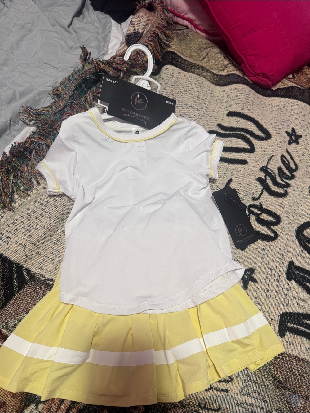 90 Degree By Reflex White and Yellow Short Sleeve Tennis Top & Pleated Skirt Set